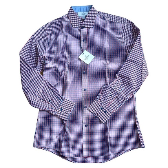 Men's 15.5 Buttoned Down Slim Fit Blue Red Tattersall Check Casual Dress… - Picture 1 of 10